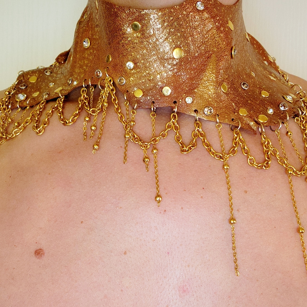 Gold Leather Statement Necklace with Chain Fringe
